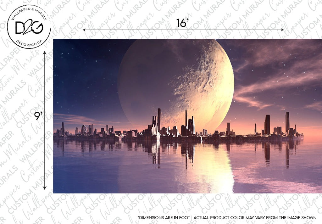 A futuristic cityscape at sunset with large planets looming in the sky, reflecting in the water below, in a serene and otherworldly Decor2Go Wallpaper Mural.