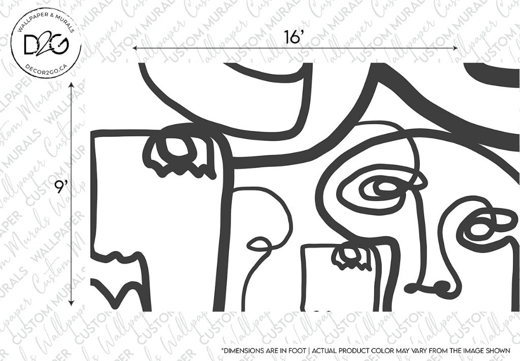 Black and white Face Art Wallpaper Mural featuring interconnected, fluid, and simplified shapes that suggest parts of human faces and figures, with dimensions marked (16" by 9"), by Decor2Go Wallpaper Mural.