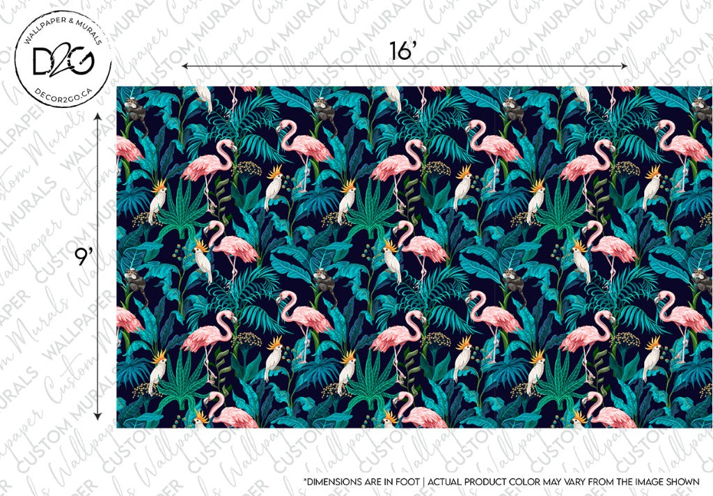 Fabric pattern featuring vibrant flamingos and tropical foliage on a dark blue background, designed for Decor2Go Wallpaper Mural Flamingo Fever Wallpaper Mural, with measurement guidelines along the edges.