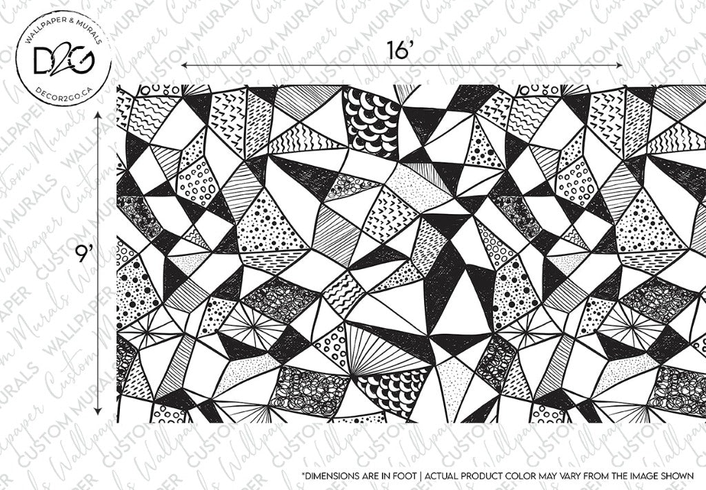Technical drawing of a Decor2Go Wallpaper Mural with various shapes including triangles, circles, and abstract motifs, and dimensions noted as 16 by 9 feet.