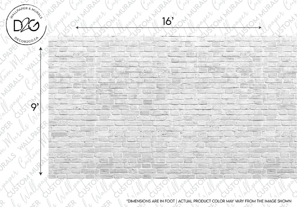 Technical drawing of a Decor2Go Wallpaper Mural Great White Wall with dimensions labeled, indicating a width of 16 inches and a height of 9 inches.
