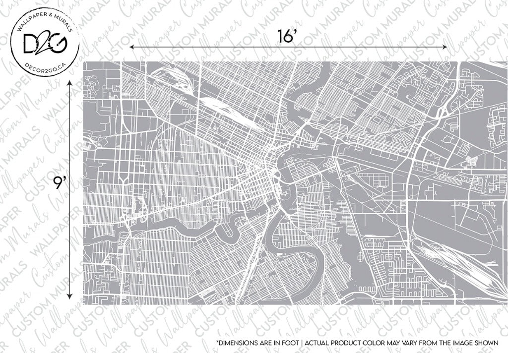 A black and grey stylized map of Winnipeg's downtown area from an aerial perspective, featuring a grid of streets and waterways on a 16 by 9 inch frame, with a watermark reading Decor2Go Wallpaper Mural.