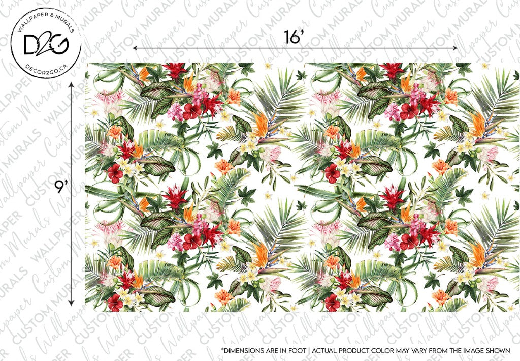 A vibrant Hawaiian Flora Wallpaper Mural from Decor2Go featuring green palm leaves and bright red Hawaiian flora spread evenly across a white background, dimensions marked for scale.