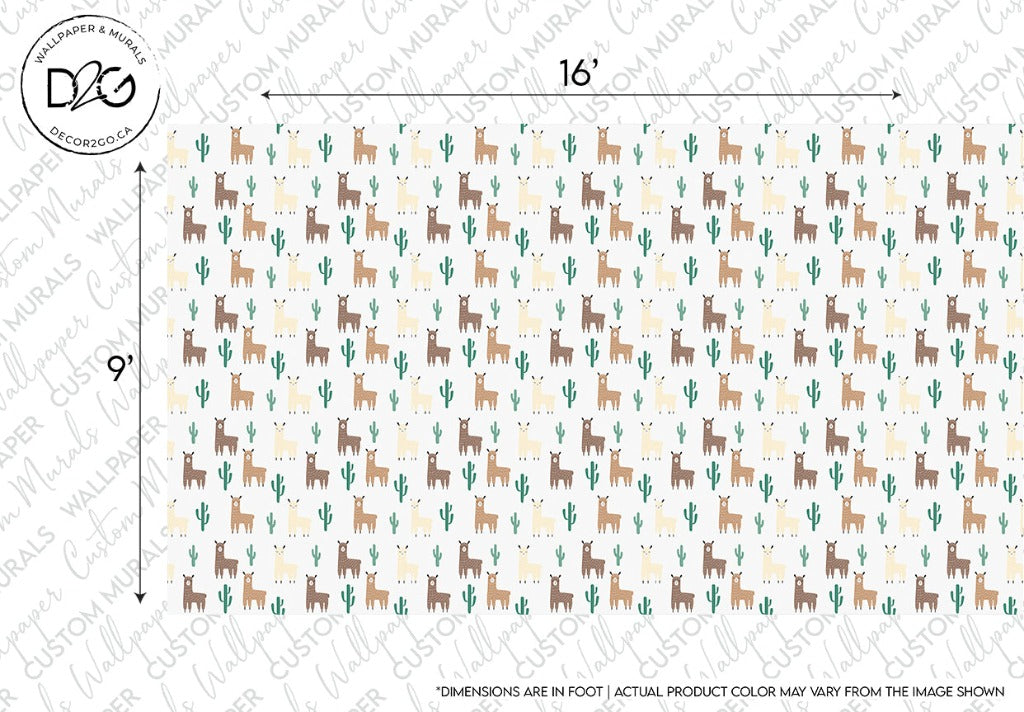 Fabric design featuring Llama and Cactus Pattern Wallpaper Mural with repeated patterns of brown llamas and green cacti on a light background, perfect for nursery decor. This design includes a measurement reference of 16
- Decor2Go Wallpaper Mural