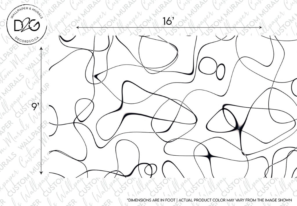 Black and white artistic design featuring interconnected and overlapping Lovely Swirls on a plain background, displayed with measurements of 16 by 9 inches from Decor2Go Wallpaper Mural.