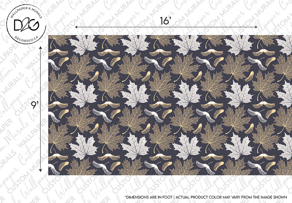 Maple Leaves Wallpaper Mural white and gold leaves with gray backround, sizes