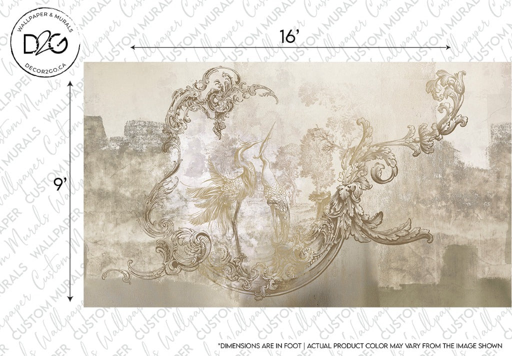 An intricate contemporary abstract mural featuring a stylized golden bird perched on swirling branches, set against a textured beige background with faint silhouettes of buildings. - Decor2Go Wallpaper Mural featuring the Modern Baroque Wallpaper Mural.
