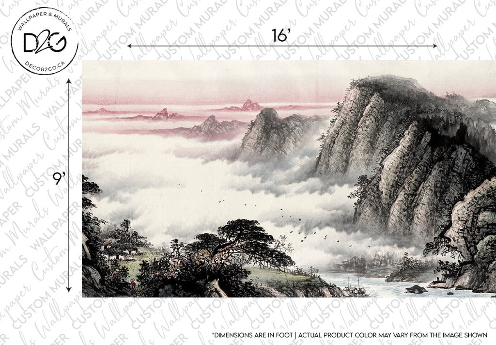 Mountain Peaks Wallpaper Mural black and pink color , sizes