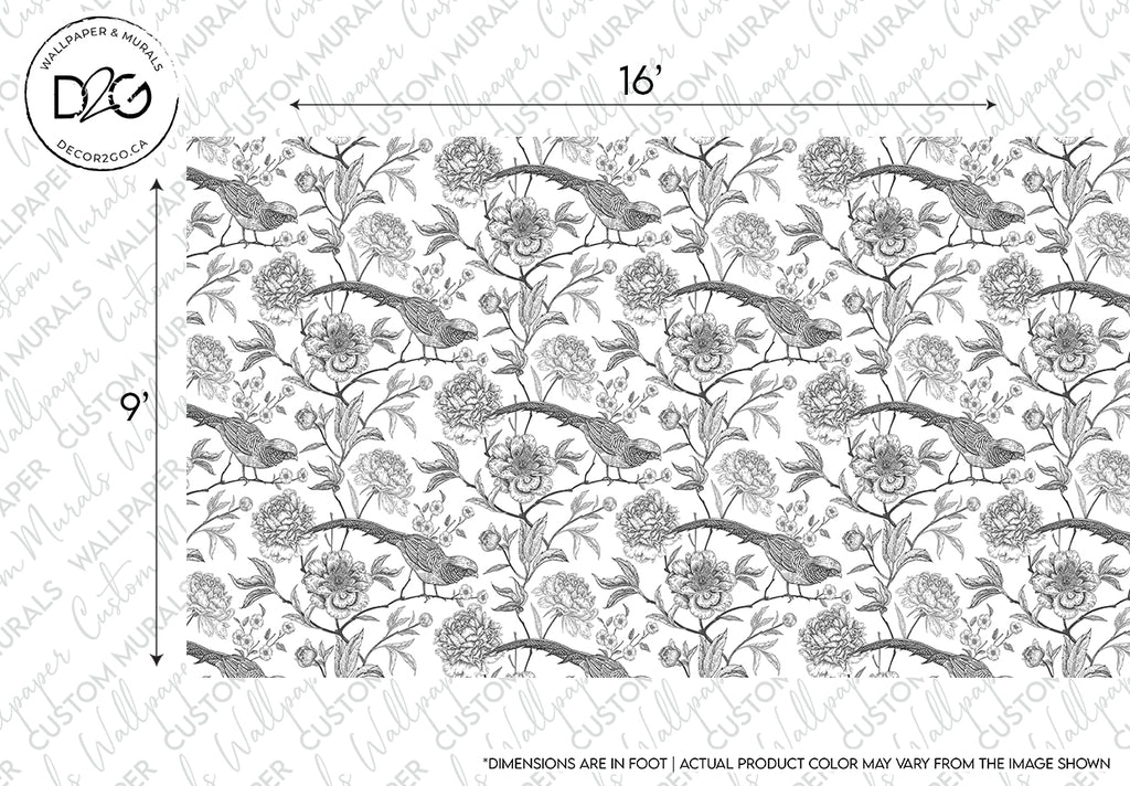  black and white wallpaper with birds and flowers
