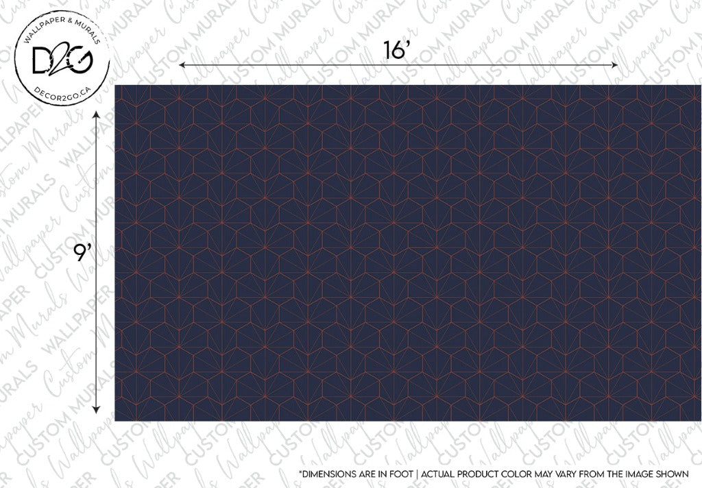 This image shows a dark blue rectangular area measuring 16 by 9 feet, with a pattern of red geometric lines and shapes. It includes marks indicating dimensions and a note on color accuracy and features a Navy and Red Hexagons Wallpaper Mural from Decor2Go Wallpaper Mural.