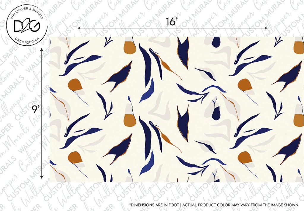 Decor2Go Wallpaper Mural featuring a blue and gold abstract leaf pattern on a white background, with design dimensions indicated for scale.