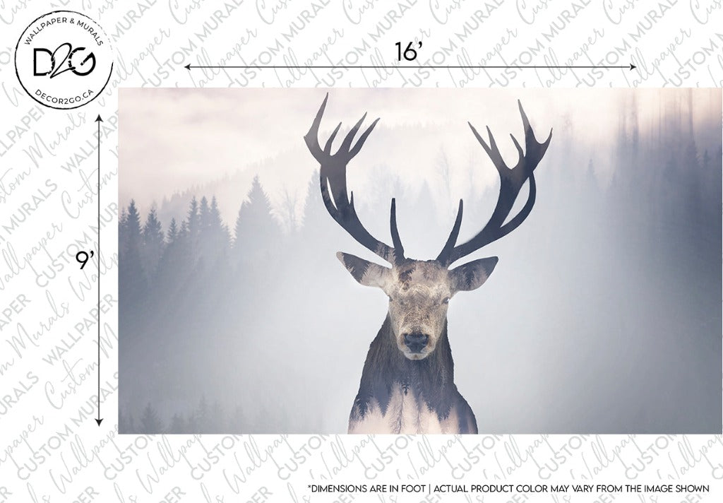A graphical depiction of the Oh Deer! Wallpaper Mural from Decor2Go Wallpaper Mural, with large antlers superimposed on a tranquil forest setting, with dimensions noted as 16" by 9" on a watermark for decor use.