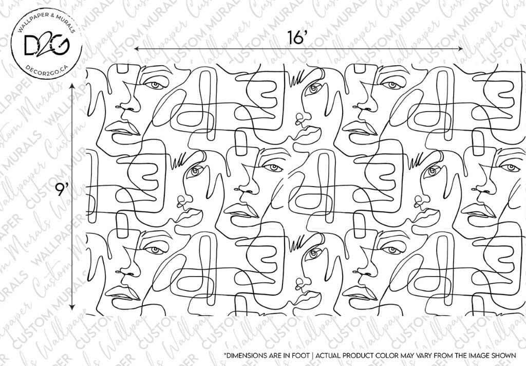Line drawing of interconnected abstract faces in a minimalist design overlayed on a grid pattern with dimensions marked for reference, indicating the size and layout for potential production as Decor2Go Wallpaper Mural.