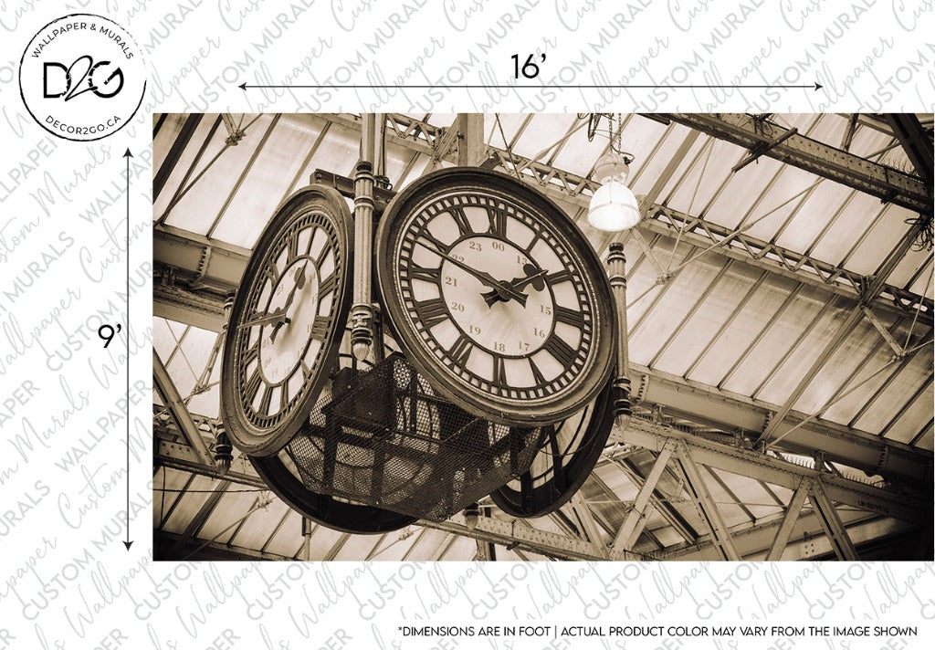 A sepia-toned image of an ornate double-sided hanging clock under a glass and steel roof, with dimensions marked as 16 inches, featuring vintage clock mechanisms and Decor2Go Wallpaper Mural branding.