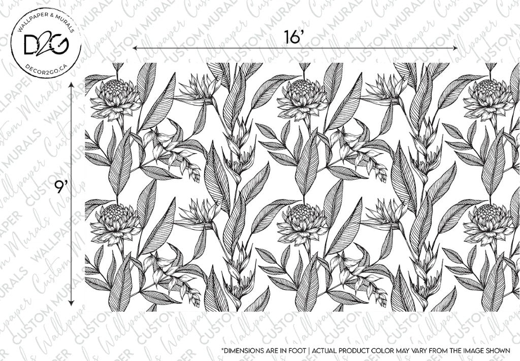 Botanical Decor2Go Wallpaper Mural floral pattern featuring intricate drawings of various flowers and leaves arranged in a dense, repetitive design, with measurements indicating size.
