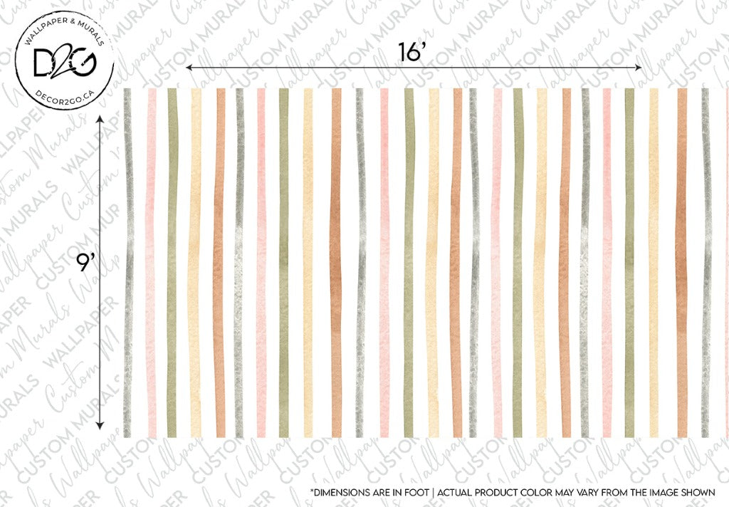 Vertical striped Pastel Perfection Wallpaper Mural pattern showcasing alternating watercolor pastel lines of pink, yellow, beige, and green in various stripe widths, measured with ruler marks on the sides by Decor2Go Wallpaper Mural.