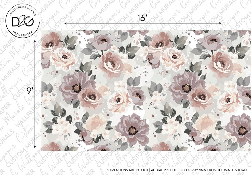 An elegant Decor2Go Wallpaper Mural design featuring patterns of pink, taupe, and gray flowers with green leaf accents, against a speckled light backdrop, with dimensions marked as 16 by
