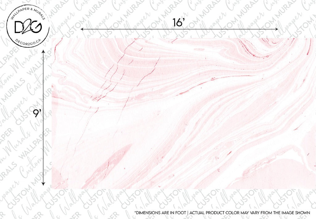 A high-resolution image displaying a Decor2Go Wallpaper Mural Pink Marble Wallpaper pattern with white and lighter pink swirls marked with dimensions for reference. Text and logos are also visible on the edges.