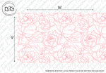 A detailed floral pattern sketch featuring a repeated design of Pink Peonies Outline Wallpaper Mural and intertwined ribbons, presented in a light pink hue, with dimensions marked as 16 inches by 9 inches.