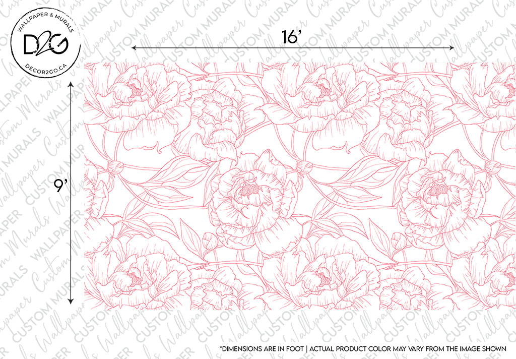 A detailed floral pattern sketch featuring a repeated design of Pink Peonies Outline Wallpaper Mural and intertwined ribbons, presented in a light pink hue, with dimensions marked as 16 inches by 9 inches.