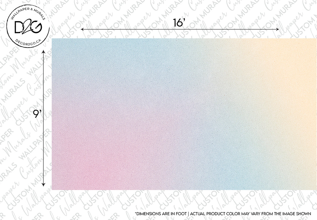 Decor2Go Rainbow Mist Wallpaper Mural graphic with a blend of pink on the left transitioning to blue on the right, measuring 16 by 9 inches, with logo and measurement notes in the corners.