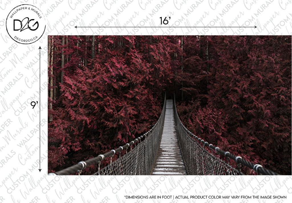 A long suspension bridge stretches into a dense forest of tall trees with vibrant crimson foliage. The bridge is bordered by metal railings and appears to trail off into darkness. The image, perfect as Decor2Go Wallpaper Mural's Red Forest Wallpaper Mural, has dimensions of 16 feet by 9 feet noted at the top and side.