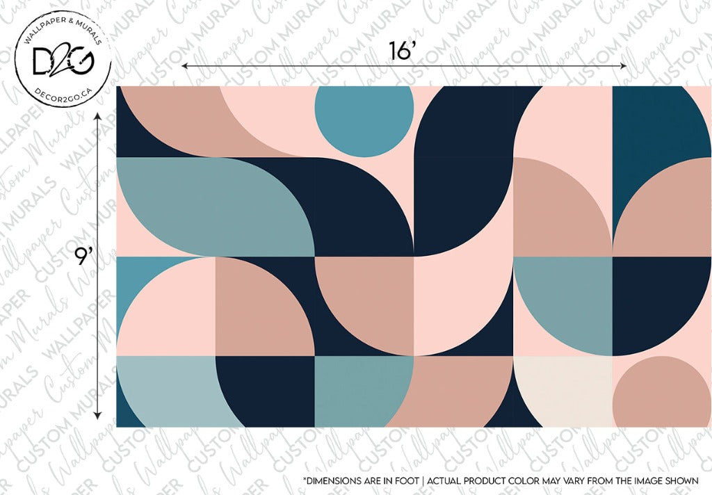 Abstract geometric wall mural design featuring interlocking shapes in blue, pink, teal, and beige tones. This **Decor2Go Wallpaper Mural Retro Style 60s Mural Wallpaper** measures 16 feet by 9 feet, with a repeating pattern of semi-circles, squares, and rectangles. Branding and dimensions are noted on the borders.