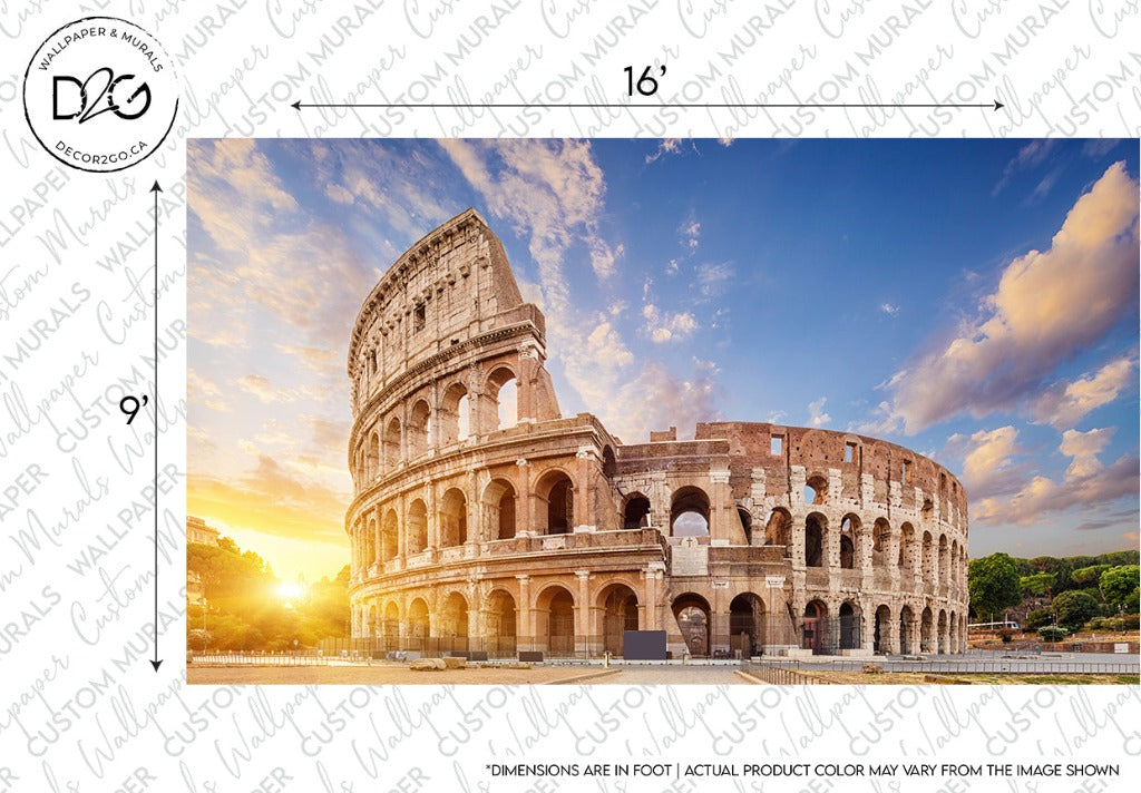 The image shows the Roman Colosseum at sunrise, with warm sunlight illuminating its ancient arches. The sky above displays soft pastel colors. Dimensions are marked for a Decor2Go Wallpaper Mural.