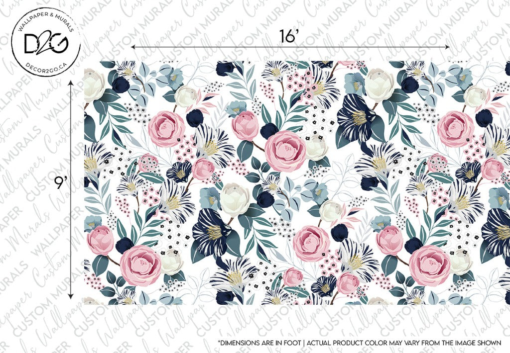 Decor2Go Wallpaper Mural featuring a pattern of pink roses, white flowers, and green leaves with blue accents on a light background, dimensions marked for reference, complemented by a playful styling of Air Balloon Whale.
