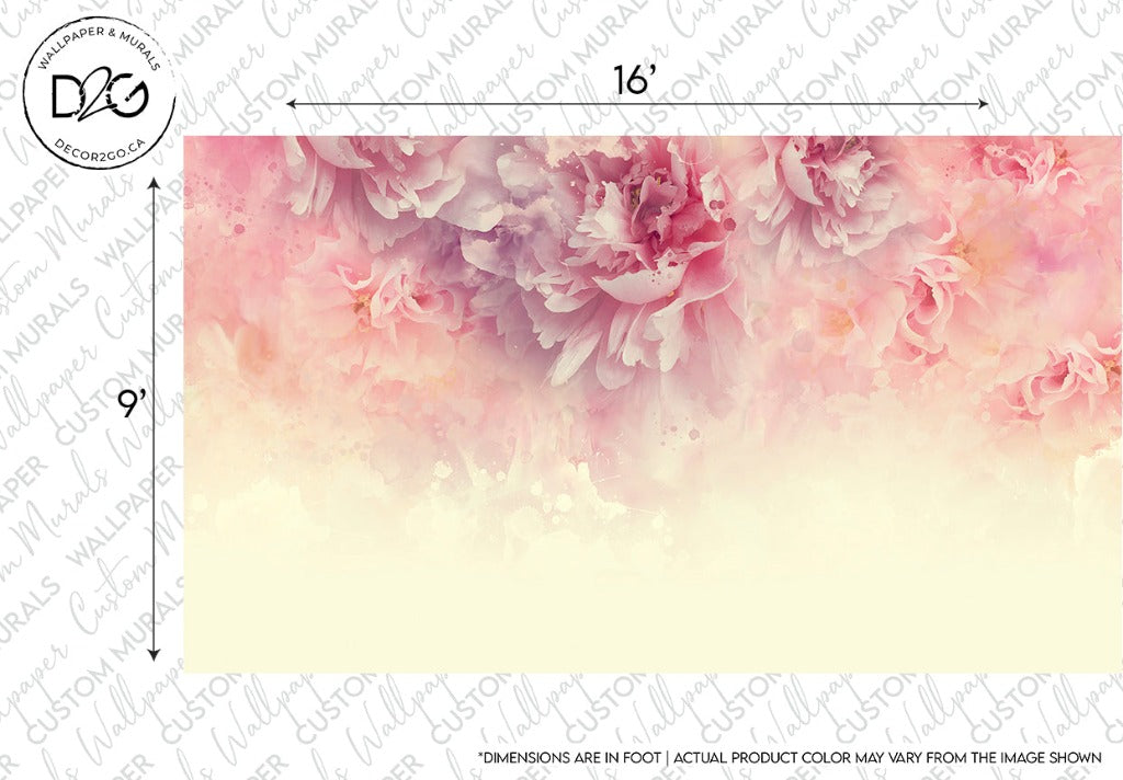 A floral elegance wallpaper design featuring lush pink and cream peonies with a soft, romantic ambiance. Dimensions marked as 16 feet by 9 feet.
would be
The Decor2Go Wallpaper Mural Rose Peonies Wallpaper Mural featuring lush pink and cream peonies with a soft, romantic ambiance. Dimensions marked as 16 feet by 9 feet.