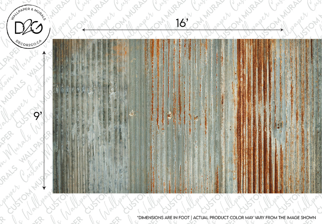 Close-up image of a Decor2Go Wallpaper Mural Rusted Sheet Metal Wallpaper Mural with alternating patterns of rust and remaining galvanized coating. Visible dimensions indicate a width of 16 inches and a height of 9 inches.