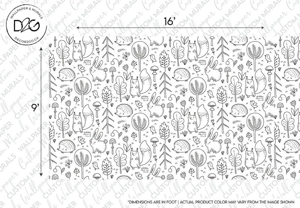 A black-and-white illustration of a whimsical nature scene. Incorporating minimalist styling, it includes various plants, trees, mushrooms, rabbits, and snails arranged in a repeating pattern on a 16 by 9-foot background. Text and logos in the corners indicate dimensions and a brand watermark for Decor2Go Wallpaper Mural's Sketchbook Garden Wallpaper Mural.