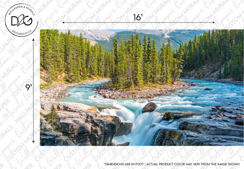 An image showing a vibrant, fast-flowing Sunwapta Falls Wallpaper Mural with a small waterfall, surrounded by dense pine forests and distant mountains under a clear blue sky.