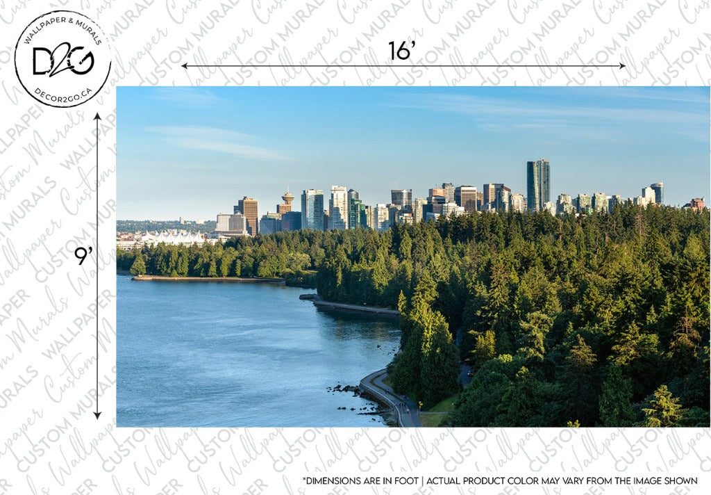 A photograph depicting the Decor2Go Wallpaper Mural Vancouver Summer Skyline Wallpaper Mural beyond a large park with dense trees, framed with overlaying dimensions indicating 16” by 9” above a calm body of water.