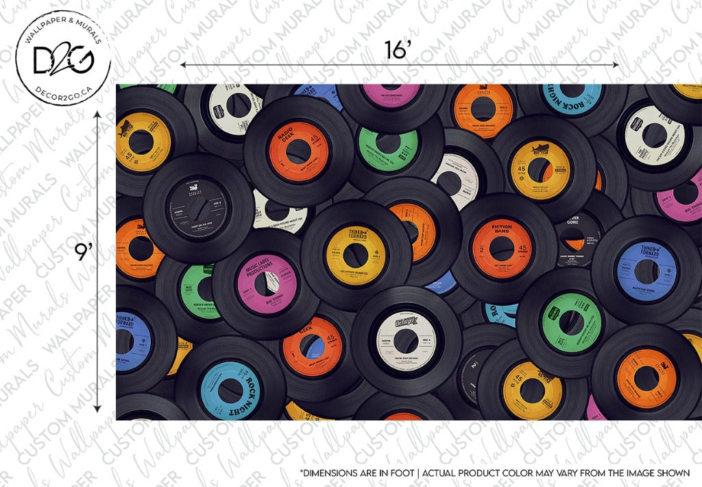 A nostalgic theme display of numerous vintage Decor2Go Wallpaper Mural vinyl records with labels in various colors including black, blue, orange, green, and pink, arranged closely together, viewed from above.