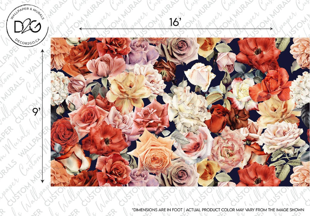 A vibrant floral fabric pattern featuring an assortment of blooming roses in shades of orange, peach, and white on a dark background, with dimensions marked for reference is the Wall of Roses Wallpaper Mural by Decor2Go Wallpaper Mural.