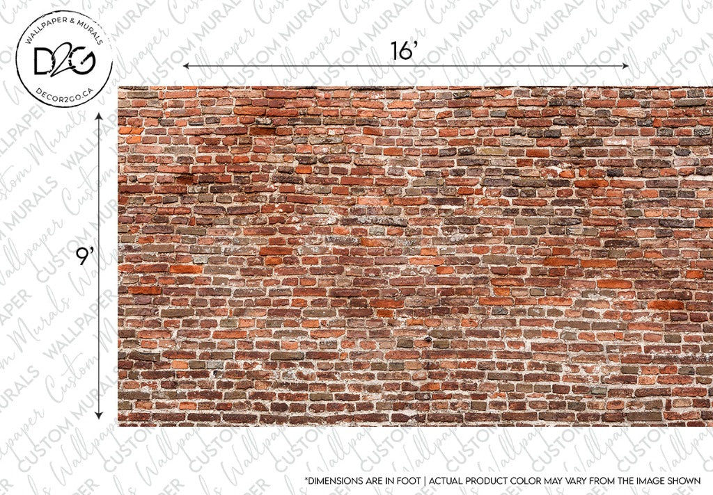 A realistic mural of a Washed Classic Brick Wall Wallpaper Mural from Decor2Go Wallpaper Mural, with a mix of red, brown, and white bricks. Dimensions are labeled as 16 feet by 9 feet, with a note on varying color accuracy.