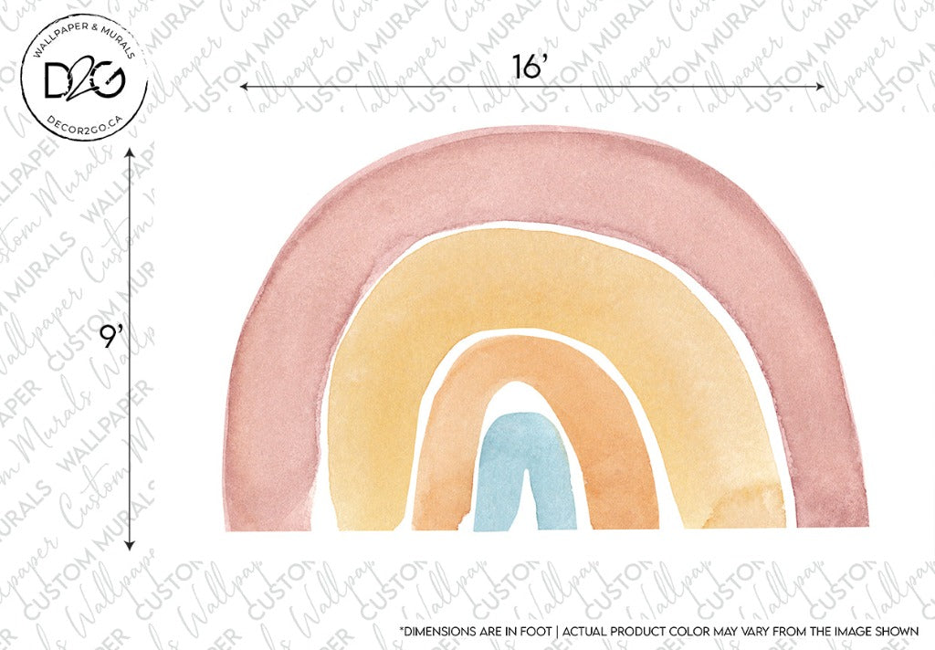 A Decor2Go Wallpaper Mural of a stylized pastel rainbow with three arches in shades of pink, orange, and light blue, complete with dimensions and a brand logo in the corner.