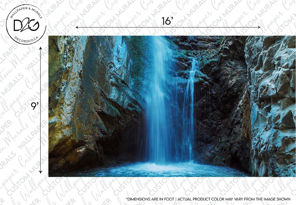A serene waterfall cascades down a rocky cliff into a tranquil pool below, creating a serene sanctuary. The surrounding rock surfaces are visible on either side of the waterfall. Dimensions of 16 feet wide by 9 feet tall are indicated. Text at the bottom notes potential color variations of this premium quality Decor2Go Waterfall Cave Wallpaper Mural.