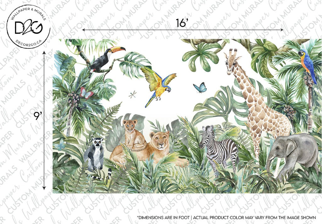 A vibrant, jungle-themed mural measuring 16 feet by 9 feet features various animals including a giraffe, zebra, lions, toucan, lemur, and elephant. The scene is lush with green tropical foliage, and a parrot and butterfly are seen flying amidst the plants. Perfect for wallpaper inspiration. The Wild Animals and the Jungle Watercolor Mural Wallpaper by Decor2Go Wallpaper Mural would be an excellent choice.