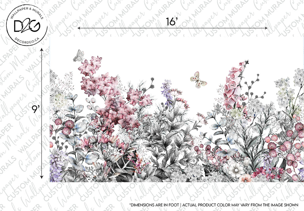 A digital mockup of a Decor2Go Wallpaper Mural featuring lush flowers and butterflies in pink and monochrome tones with measurements for wall fitting.