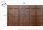A wood-paneled wall with a grid pattern of rectangular panels, measuring 16 feet wide and 9 feet tall. The wood has a rich, warm brown finish that enhances its natural aesthetic. There is text on the image indicating dimensions and a disclaimer about color variation. The product is called Wood Panels III Wallpaper Mural by Decor2Go Wallpaper Mural.
