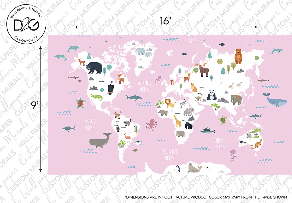 Illustration of a Decor2Go Wallpaper Mural world map with wild animals pink wallpaper mural with various animals and landmarks representing different continents and oceans, labeled with ocean names, perfect for children's room decor.