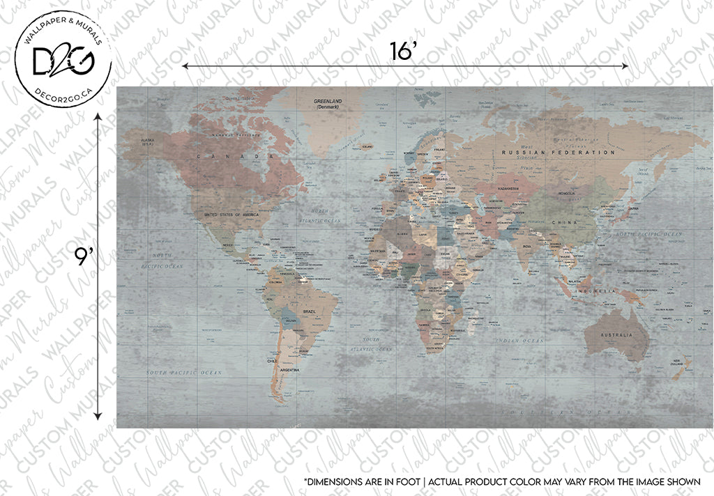 A Vintage-style Decor2Go Wallpaper Mural with countries in various muted colors, set against a textured grey background, featuring rich cartographic detail, measuring 16 by 9 inches. Text indicates dimensions may not reflect actual
