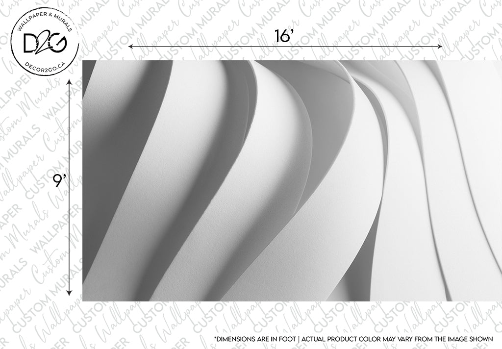 Black and white image showcasing abstract curves and shadows, depicting a series of Decor2Go Wallpaper Mural 3D Dream Cascade wallpaper panels layered and fanned out, with dimensions marked as "59" and "16" inches.