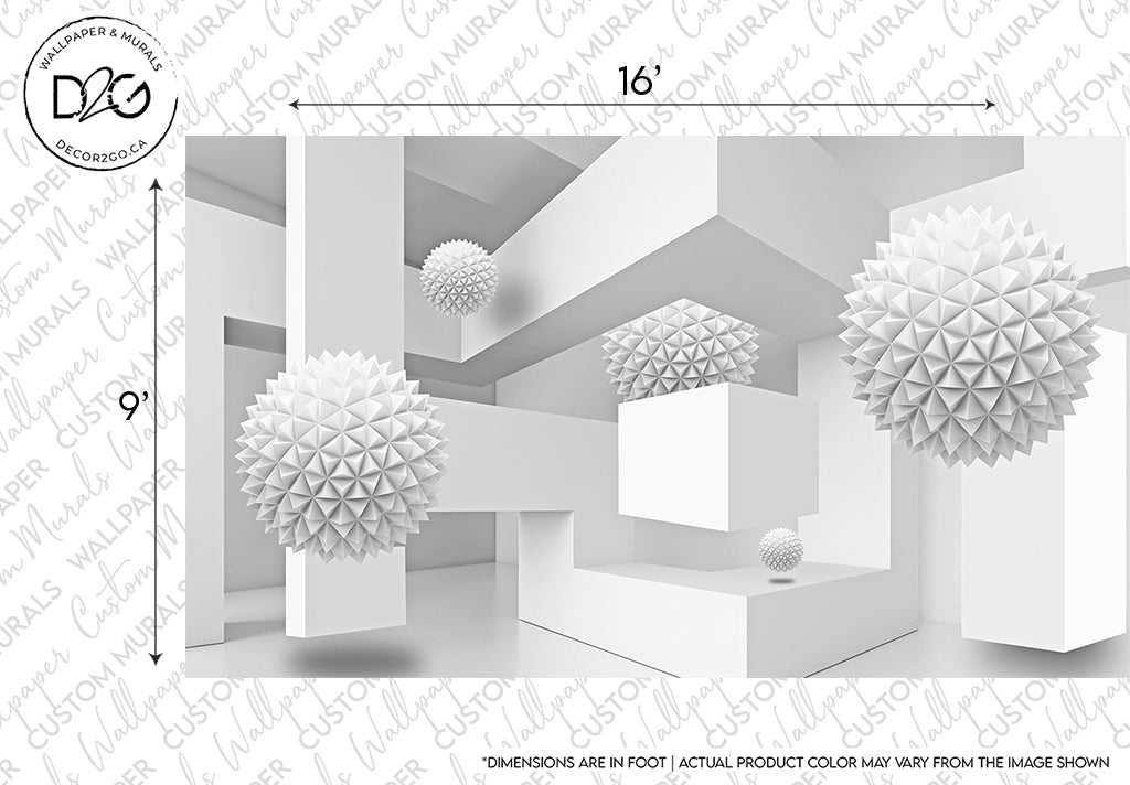 3D architectural Decor2Go Wallpaper Mural with abstract geometric shapes and three suspended spiky sphere sculptures exhibiting timeless elegance. Measurements indicate a 16’’ width and 9’’ height. Text notes product color