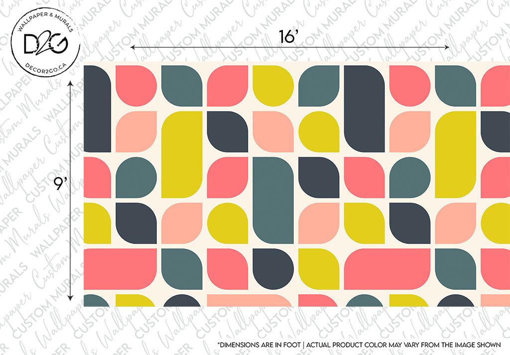 Illustration of a Retro Abstract Geometry Wallpaper Mural from the Decor2Go Wallpaper Mural featuring rows of geometric, organic shapes in pastel shades of red, yellow, green, and blue, with overall measurement indicators.