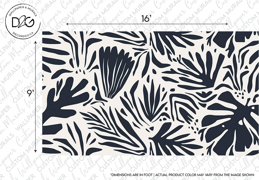 Abstract Nature Wallpaper Mural featuring various leaf shapes in navy blue on a white background. The design, created with high-quality materials, is set within a 16 by 9 inches frame, with a note on Decor2Go Wallpaper Mural.
