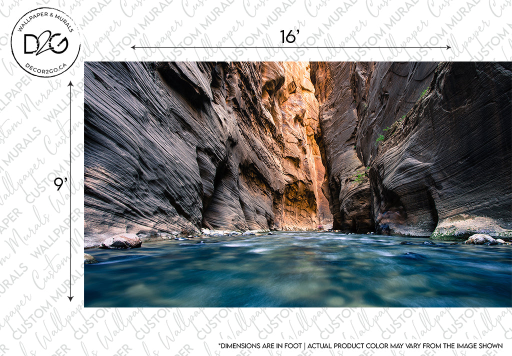 A photo of the narrows in Zion National Park showing a serene river flowing through Adventure Canyon Wallpaper Mural with dramatic, textured rock walls under soft lighting by Decor2Go Wallpaper Mural.