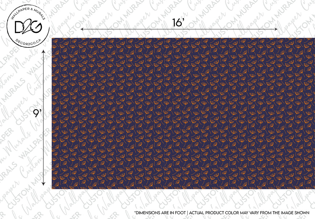 A navy fabric sample with a repeated pattern of small orange paisleys, dimensions marked as 16 inches by 9 inches, resembling the style of Decor2Go Wallpaper Mural, with a disclaimer